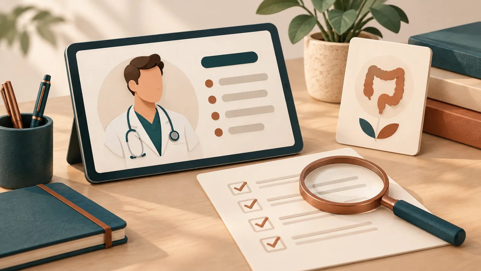 Tablet com um perfil médico ilustrado, lista de conferência e lupa sobre uma mesa.