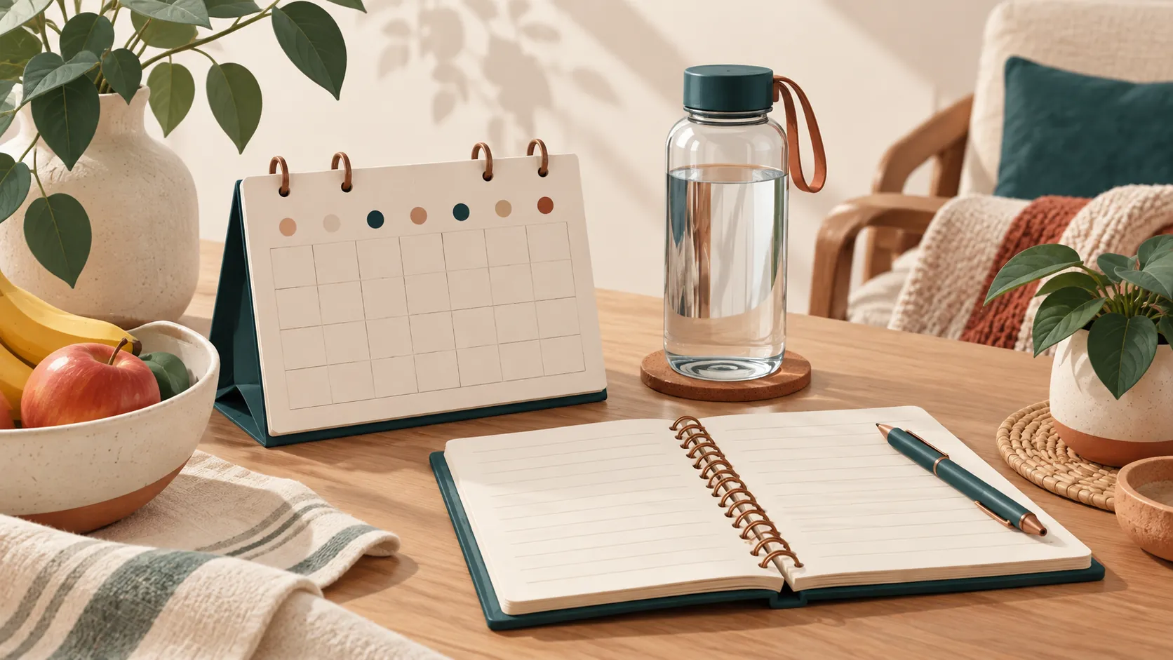 Calendário de mesa, garrafa de água e caderno aberto em um ambiente doméstico ilustrado.