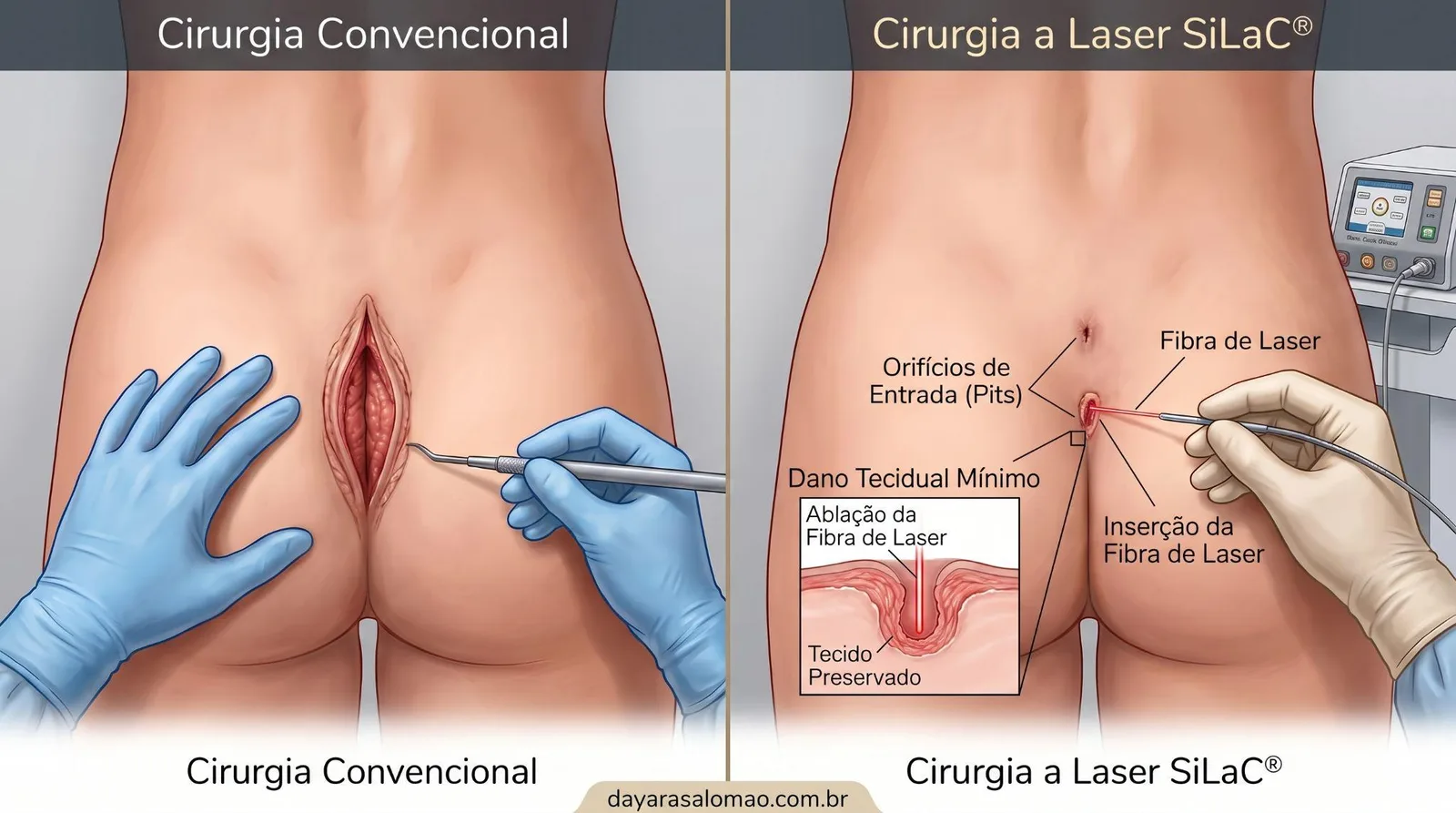 Comparação entre cirurgia convencional e cirurgia a laser SiLaC para cisto pilonidal, mostrando a excisão aberta e a inserção da fibra de laser pelos orifícios de entrada