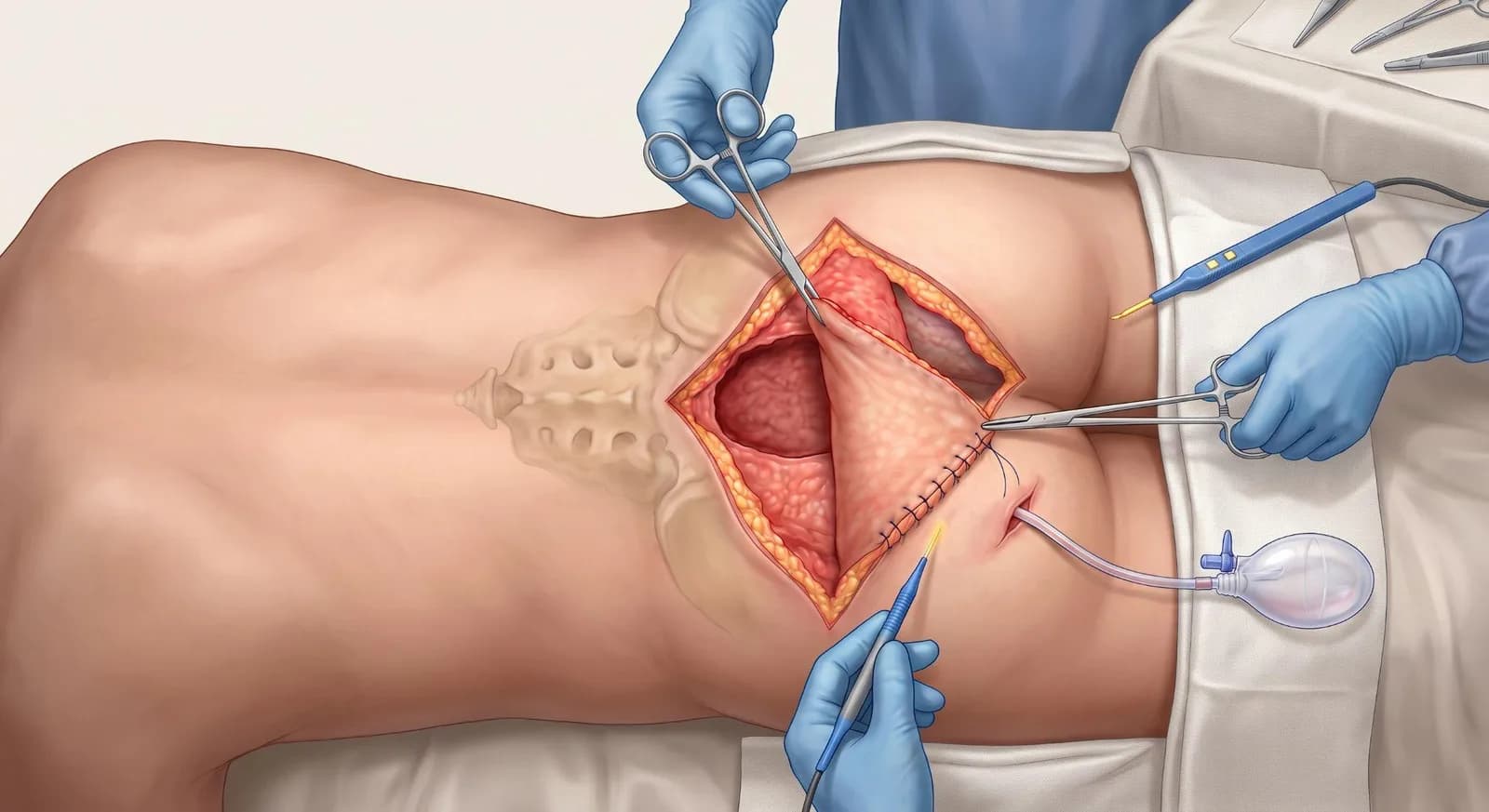 Ilustração cirúrgica de uma técnica de retalho para doença pilonidal extensa, com remoção ampla do tecido doente na região sacrococcígea