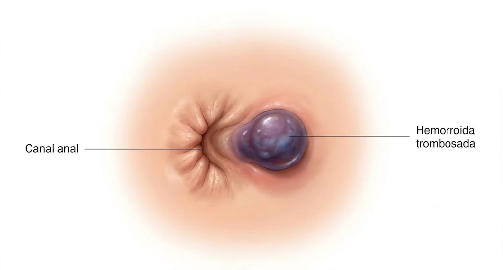 Diagrama da borda anal com uma hemorroida externa trombosada assinalada e identificação do canal anal.