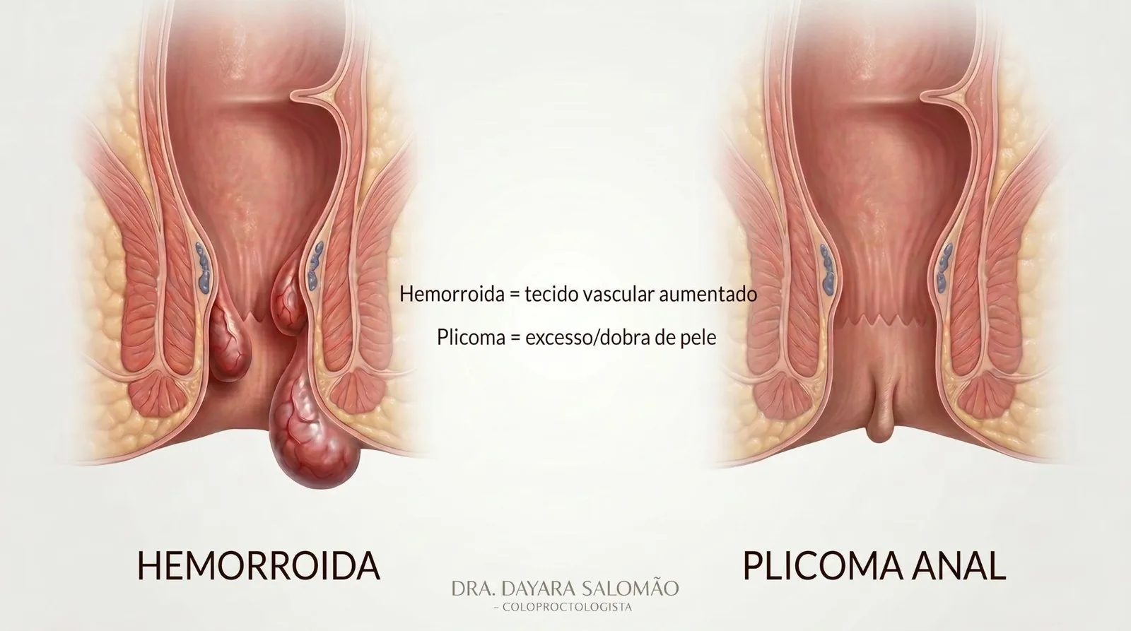 Comparação anatômica entre hemorroida, definida como tecido vascular aumentado, e plicoma anal, definido como excesso ou dobra de pele