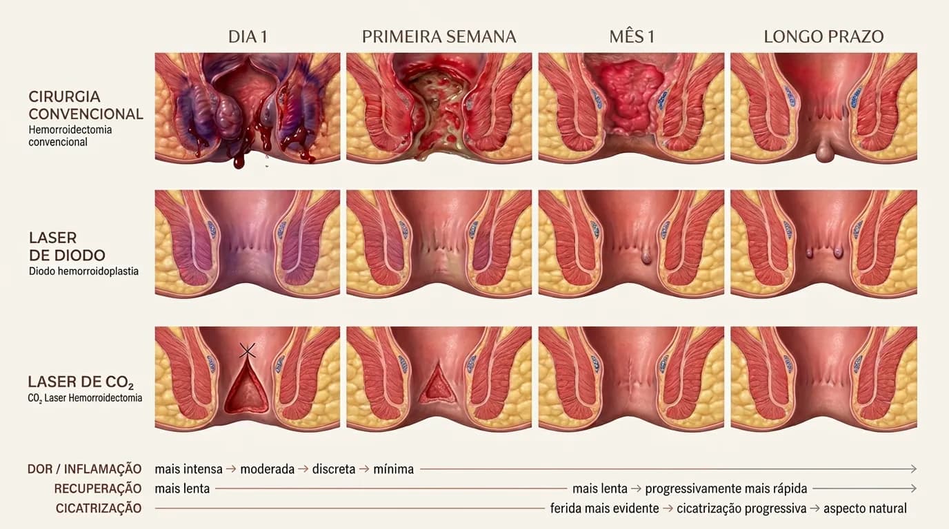 Comparação do pós-operatório de cirurgia de hemorroidas no dia 1, na primeira semana, no primeiro mês e a longo prazo, entre cirurgia convencional, laser de diodo e laser de CO2