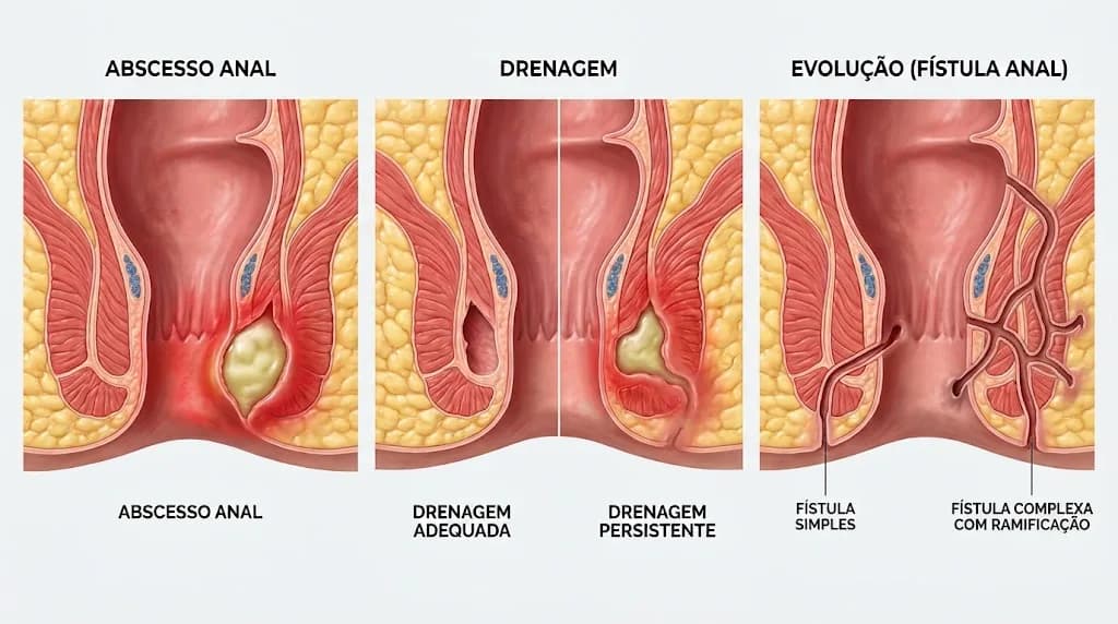 Evolução do abscesso anal: a coleção de pus, a drenagem adequada comparada à drenagem persistente, e a formação de fístula simples ou complexa com ramificação