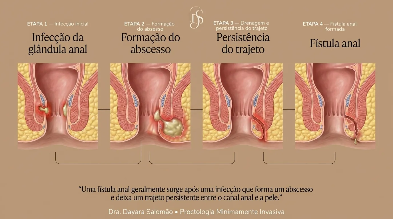 Etapas de formação de uma fístula anal, da glândula infectada ao trajeto crônico