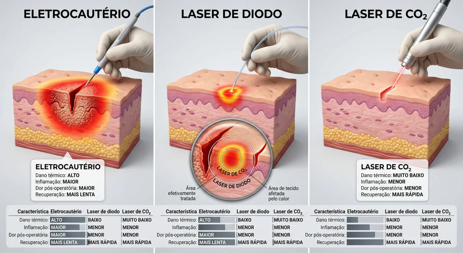 Comparação entre eletrocautério, laser de diodo e laser de CO2 mostrando o dano térmico, a inflamação e a recuperação associados a cada instrumento