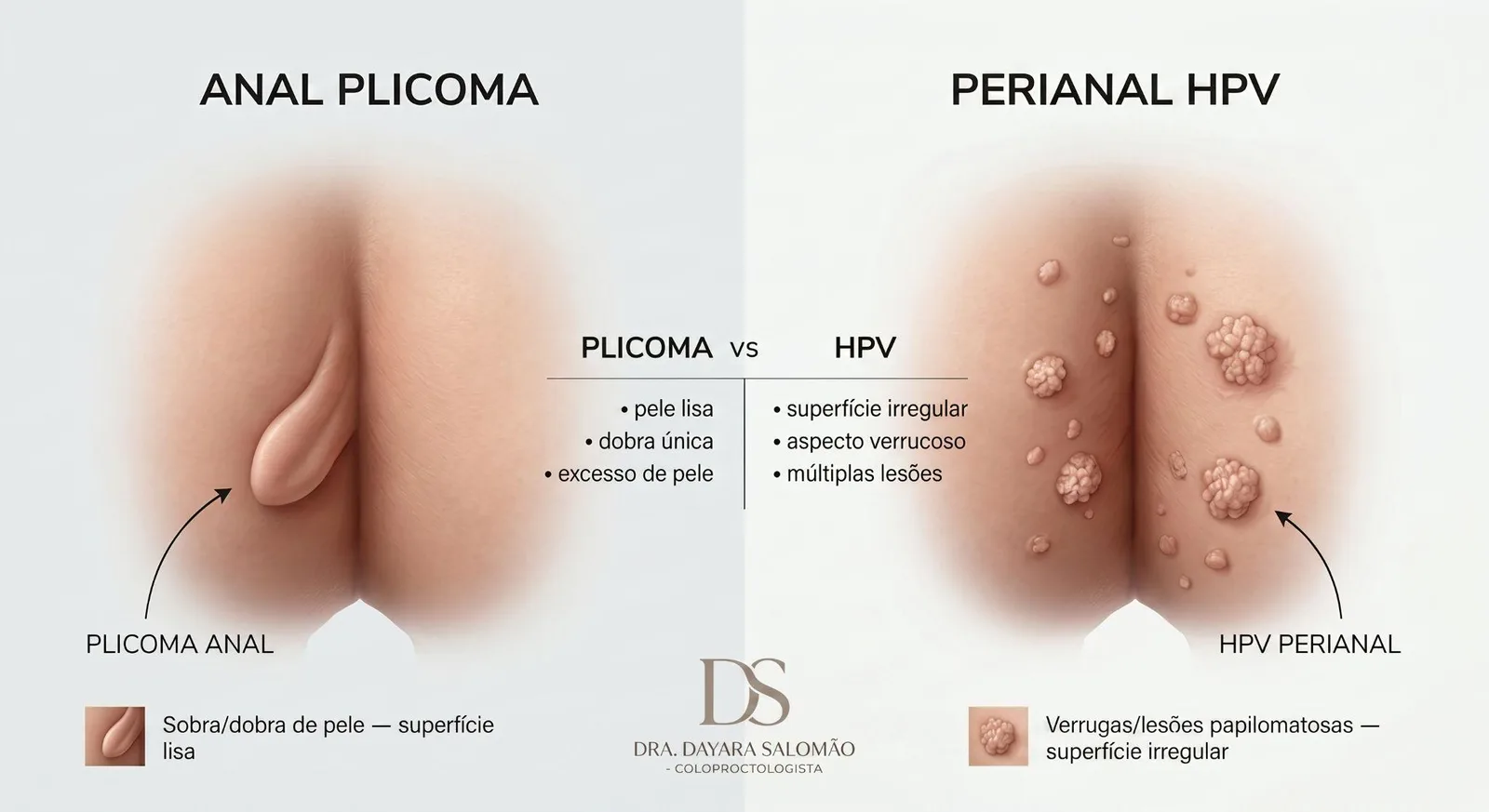 Comparação visual entre plicoma anal e verruga de HPV perianal